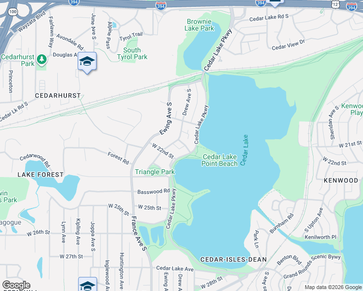 map of restaurants, bars, coffee shops, grocery stores, and more near 2100 Cedar Lake Parkway in Minneapolis