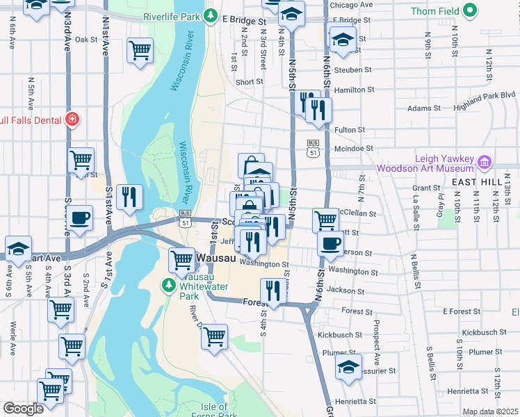 map of restaurants, bars, coffee shops, grocery stores, and more near 500 N 3rd Street in Wausau