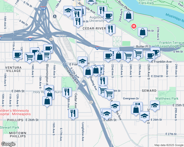 map of restaurants, bars, coffee shops, grocery stores, and more near 1900 East 22nd Street in Minneapolis
