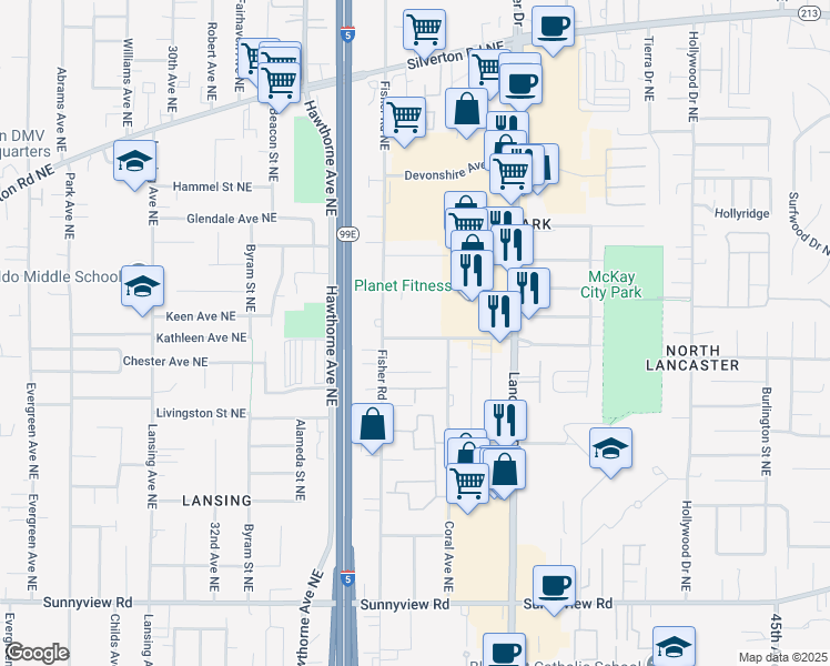 map of restaurants, bars, coffee shops, grocery stores, and more near 3655 Beverly Avenue Northeast in Salem