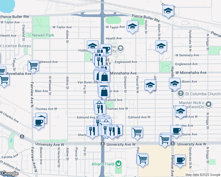 map of restaurants, bars, coffee shops, grocery stores, and more near 1562 Blair Avenue in Saint Paul