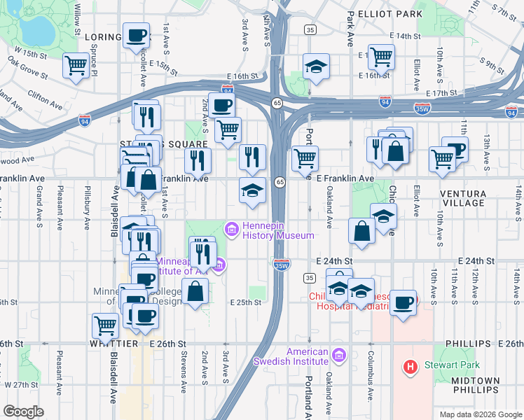 map of restaurants, bars, coffee shops, grocery stores, and more near 2118 South 4th Avenue in Minneapolis