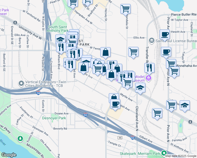 map of restaurants, bars, coffee shops, grocery stores, and more near 747 North Hampden Avenue in Saint Paul