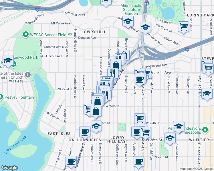 map of restaurants, bars, coffee shops, grocery stores, and more near 2118 Dupont Avenue South in Minneapolis