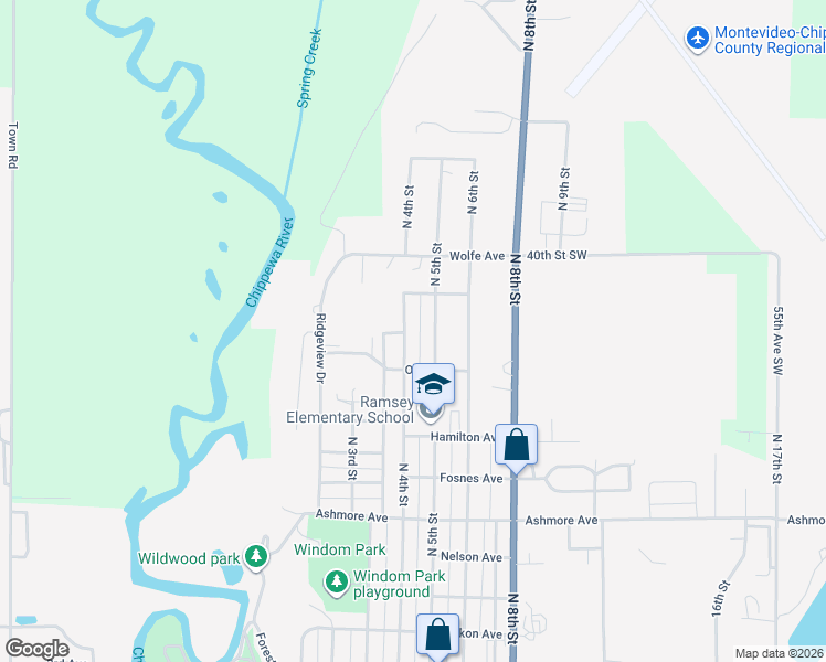 map of restaurants, bars, coffee shops, grocery stores, and more near 1410 North 4th Street in Montevideo