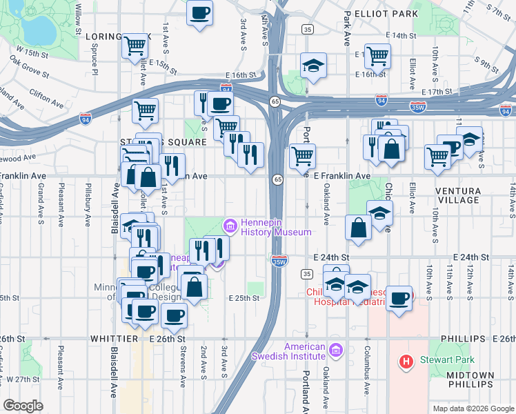 map of restaurants, bars, coffee shops, grocery stores, and more near 2118 South 4th Avenue in Minneapolis