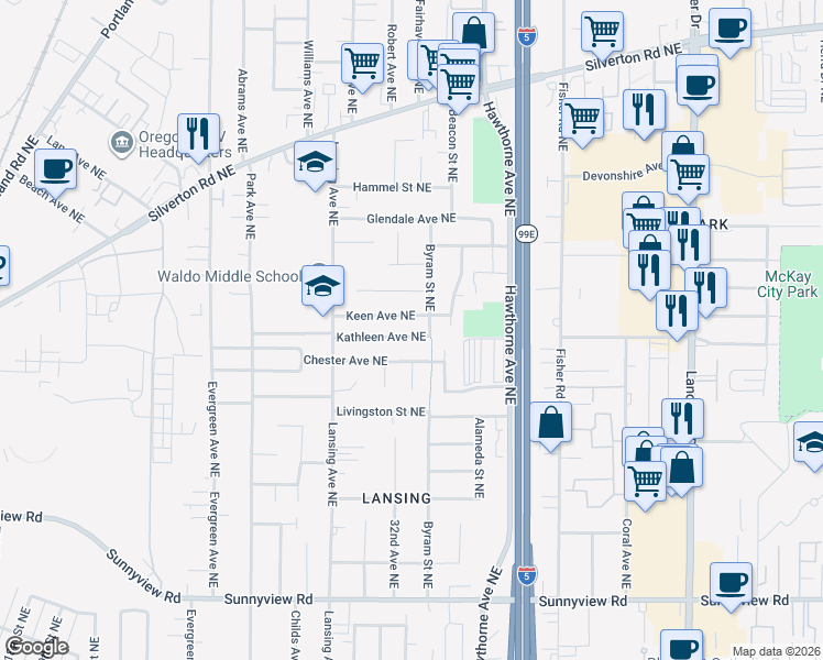 map of restaurants, bars, coffee shops, grocery stores, and more near 3290 Kathleen Avenue Northeast in Salem