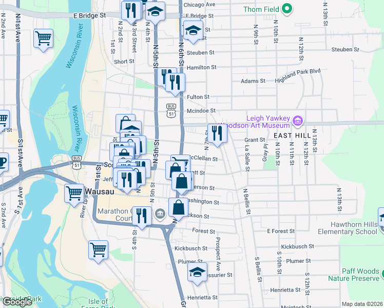 map of restaurants, bars, coffee shops, grocery stores, and more near 621 McClellan Street in Wausau
