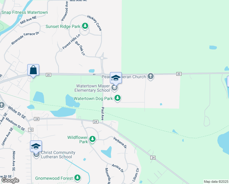 map of restaurants, bars, coffee shops, grocery stores, and more near 500 Paul Avenue in Watertown