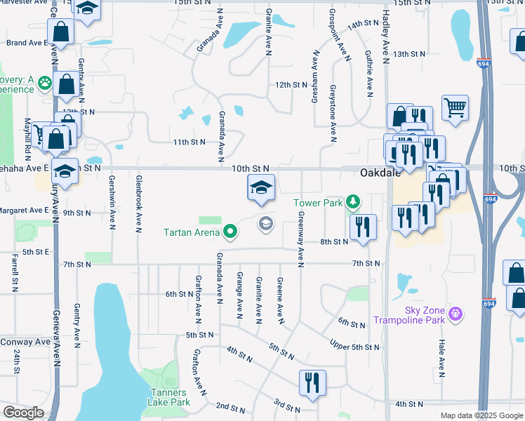 map of restaurants, bars, coffee shops, grocery stores, and more near 828 Greenway Avenue North in Oakdale