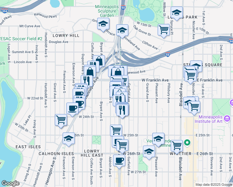 map of restaurants, bars, coffee shops, grocery stores, and more near 2106 Lyndale Avenue South in Minneapolis