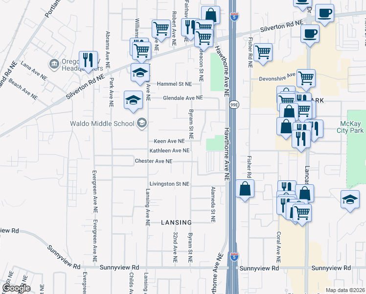 map of restaurants, bars, coffee shops, grocery stores, and more near 3290 Kathleen Avenue Northeast in Salem