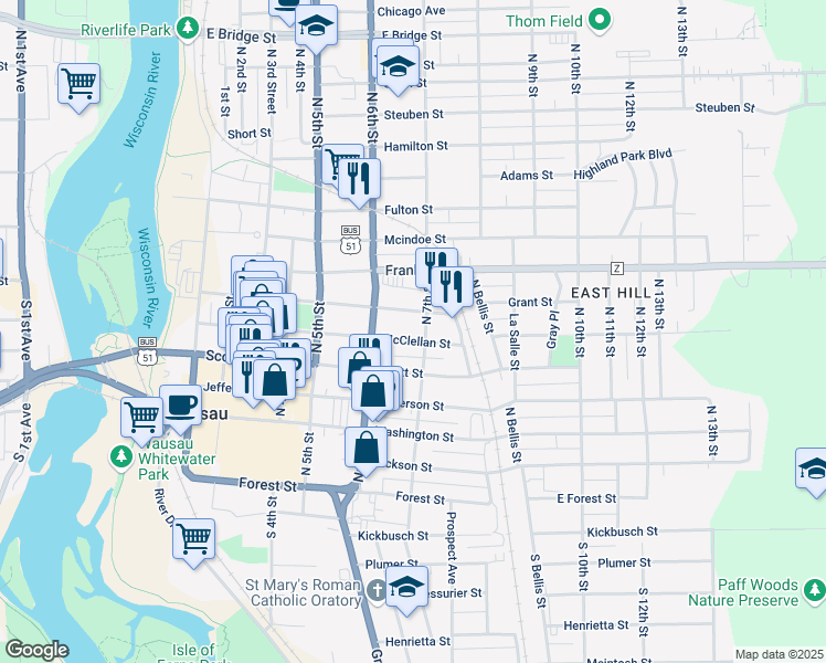 map of restaurants, bars, coffee shops, grocery stores, and more near 621 McClellan Street in Wausau