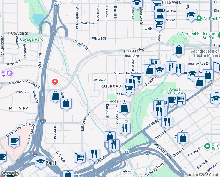 map of restaurants, bars, coffee shops, grocery stores, and more near 660 Desoto Street in Saint Paul