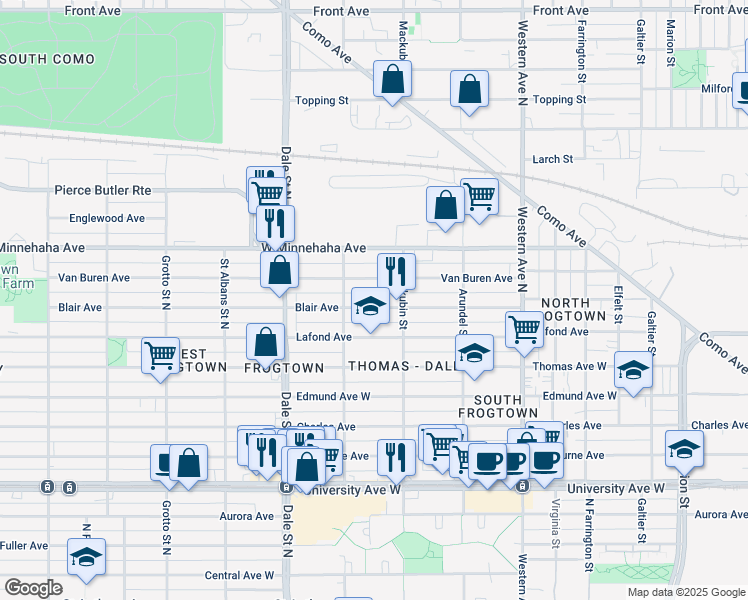 map of restaurants, bars, coffee shops, grocery stores, and more near 542 Blair Avenue in Saint Paul