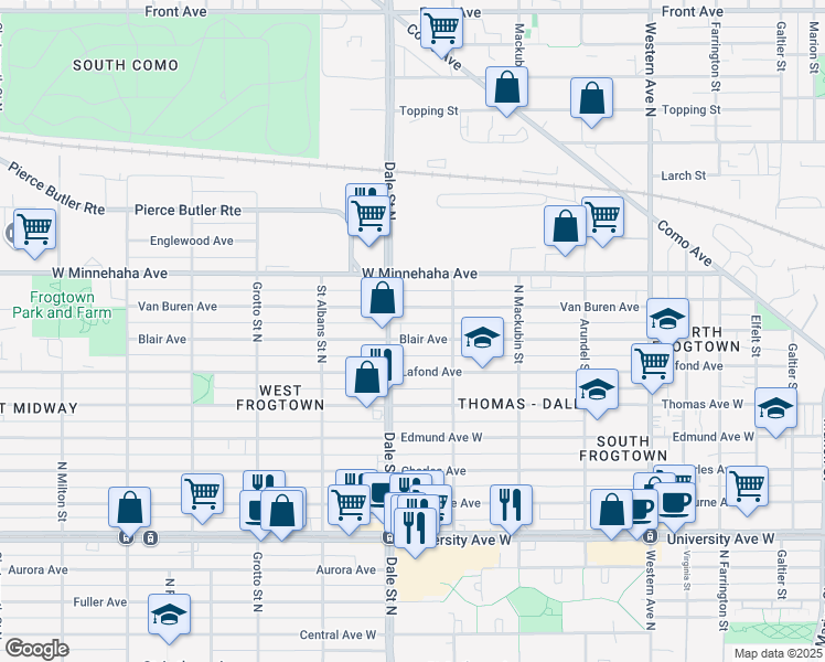 map of restaurants, bars, coffee shops, grocery stores, and more near 656 Dale Street North in Saint Paul