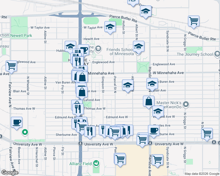 map of restaurants, bars, coffee shops, grocery stores, and more near 1460 Blair Avenue in Saint Paul