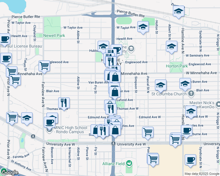 map of restaurants, bars, coffee shops, grocery stores, and more near 1602 Blair Avenue in Saint Paul