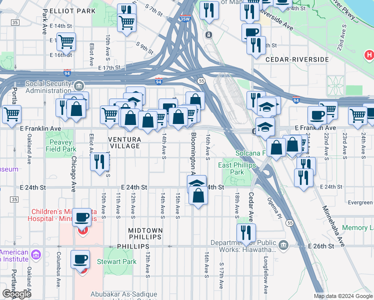 map of restaurants, bars, coffee shops, grocery stores, and more near 1424 East 22nd Street in Minneapolis