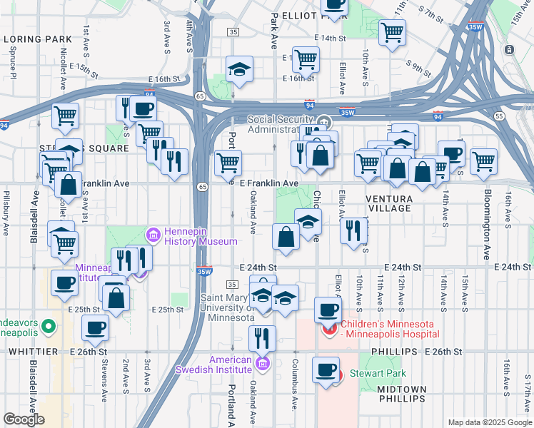 map of restaurants, bars, coffee shops, grocery stores, and more near 2120 East 22nd Street in Minneapolis
