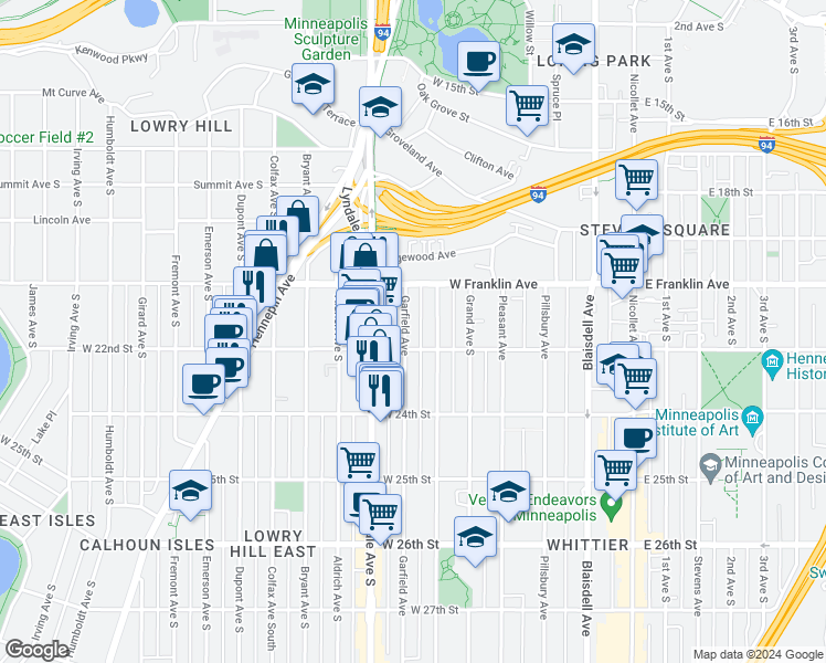 map of restaurants, bars, coffee shops, grocery stores, and more near 520 West 22nd Street in Minneapolis