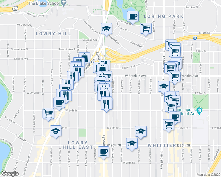map of restaurants, bars, coffee shops, grocery stores, and more near 520 West 22nd Street in Minneapolis