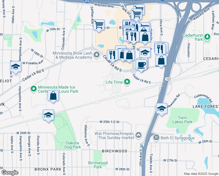 map of restaurants, bars, coffee shops, grocery stores, and more near 2250 Ridge Drive in Minneapolis