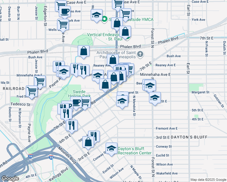 map of restaurants, bars, coffee shops, grocery stores, and more near 820 Margaret Street in Saint Paul