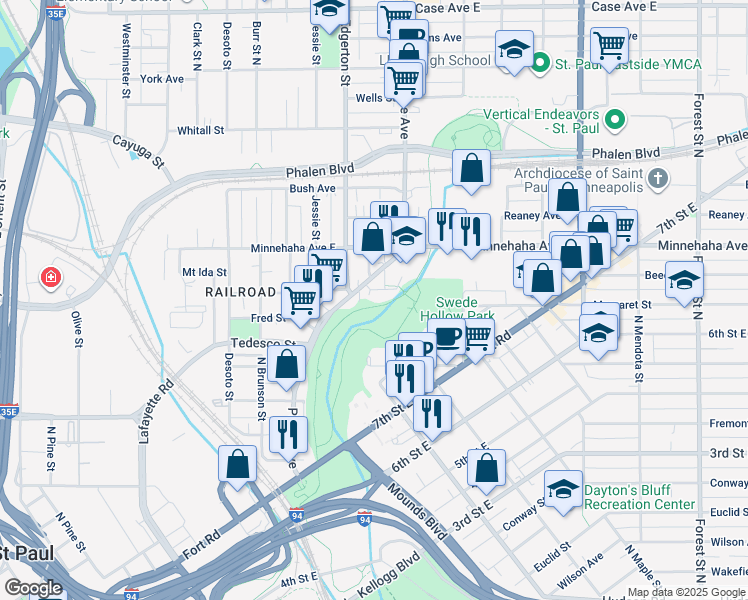 map of restaurants, bars, coffee shops, grocery stores, and more near 678 Preble Street in Saint Paul