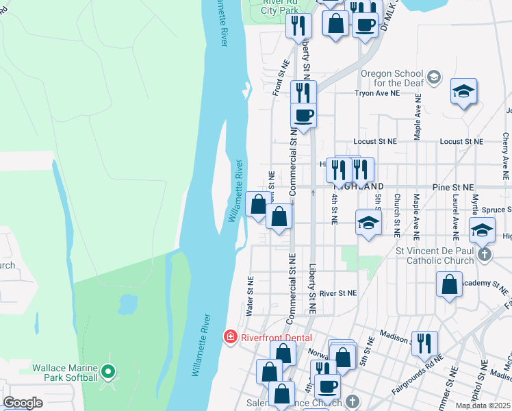 map of restaurants, bars, coffee shops, grocery stores, and more near 2121 Front Street Northeast in Salem
