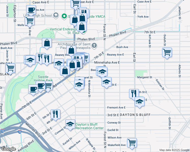 map of restaurants, bars, coffee shops, grocery stores, and more near 901 Margaret Street in Saint Paul