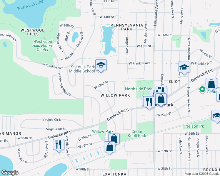 map of restaurants, bars, coffee shops, grocery stores, and more near 2214 Quebec Drive in Minneapolis