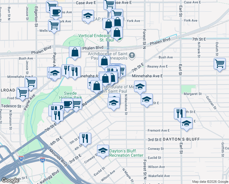 map of restaurants, bars, coffee shops, grocery stores, and more near 856 Margaret Street in Saint Paul