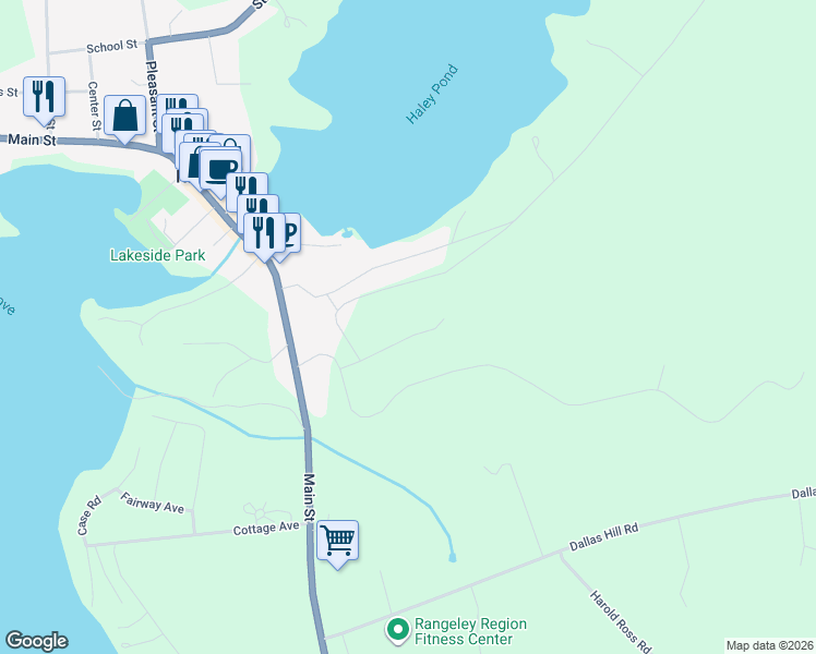 map of restaurants, bars, coffee shops, grocery stores, and more near 14 Grand View Avenue in Rangeley