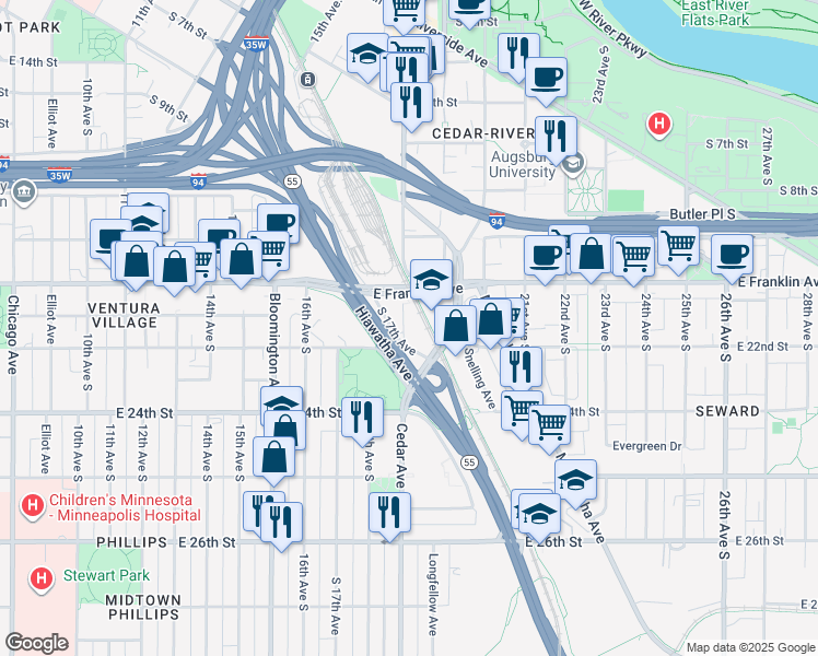 map of restaurants, bars, coffee shops, grocery stores, and more near 2107 Cedar Avenue South in Minneapolis