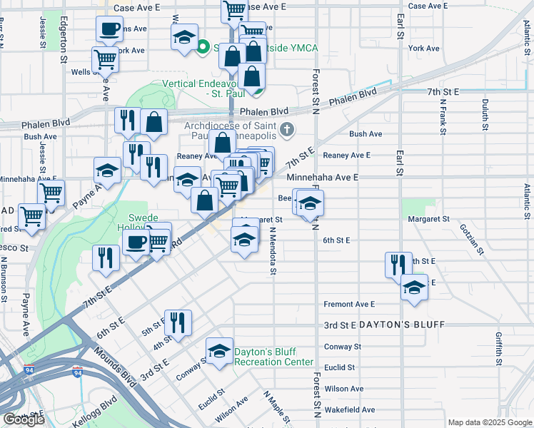 map of restaurants, bars, coffee shops, grocery stores, and more near 856 Margaret Street in Saint Paul