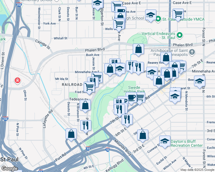 map of restaurants, bars, coffee shops, grocery stores, and more near 678 Preble Street in Saint Paul