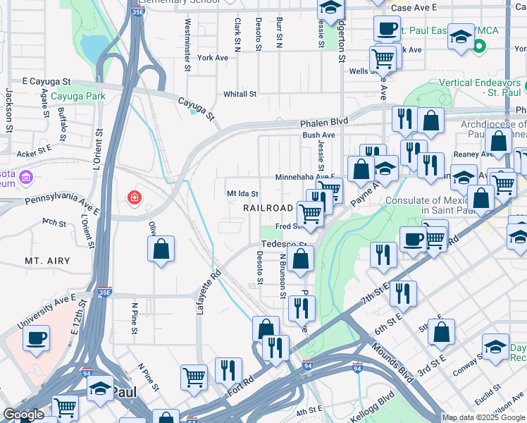 map of restaurants, bars, coffee shops, grocery stores, and more near 660 Desoto Street in Saint Paul