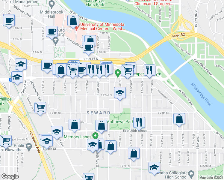 map of restaurants, bars, coffee shops, grocery stores, and more near 2708 East 22nd Street in Minneapolis