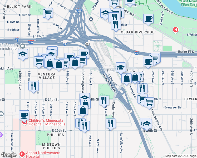 map of restaurants, bars, coffee shops, grocery stores, and more near 2123 16th Avenue South in Minneapolis