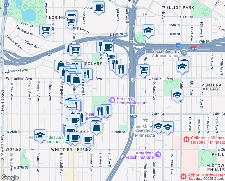 map of restaurants, bars, coffee shops, grocery stores, and more near in Minneapolis