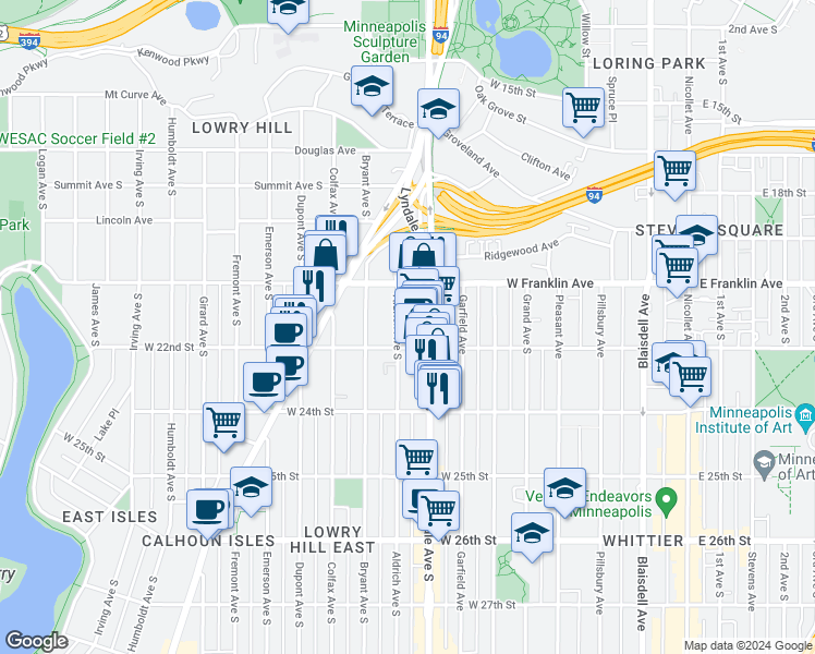 map of restaurants, bars, coffee shops, grocery stores, and more near 2122 Aldrich Avenue South in Minneapolis