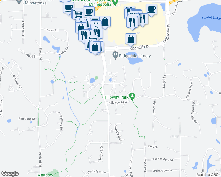 map of restaurants, bars, coffee shops, grocery stores, and more near 2227 Sherwood Court in Hopkins