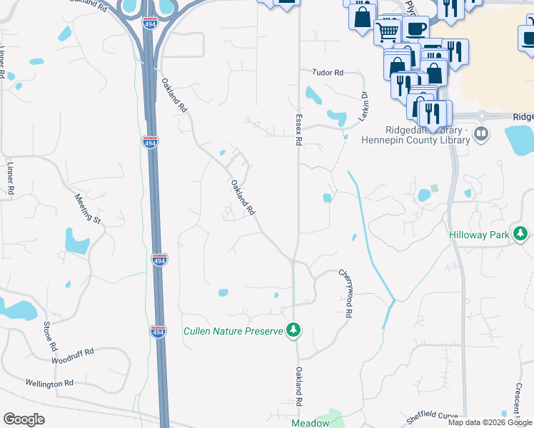 map of restaurants, bars, coffee shops, grocery stores, and more near 2213 Oakland Road in Hopkins