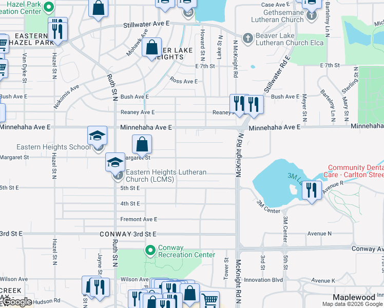 map of restaurants, bars, coffee shops, grocery stores, and more near 2168 Margaret Street in Saint Paul
