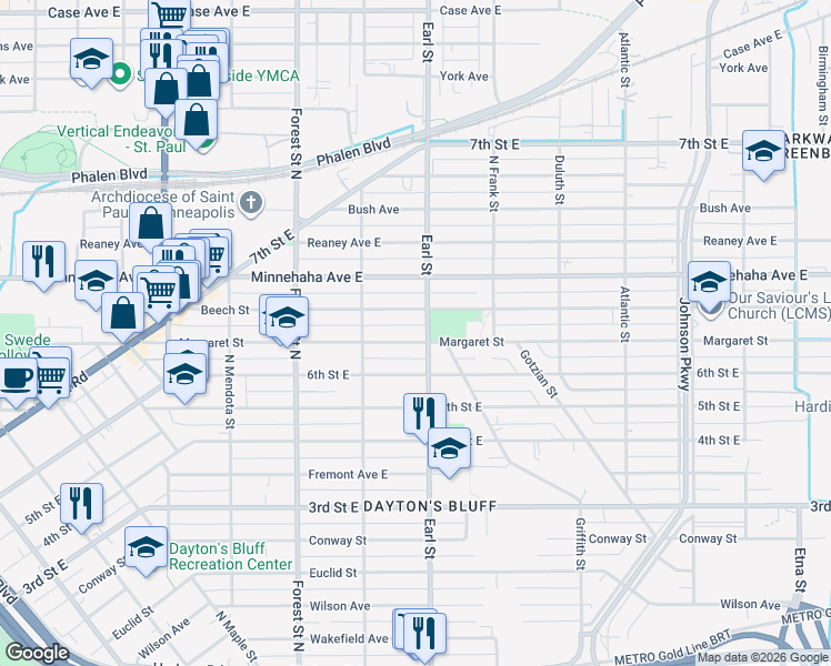 map of restaurants, bars, coffee shops, grocery stores, and more near 1032 Margaret Street in Saint Paul
