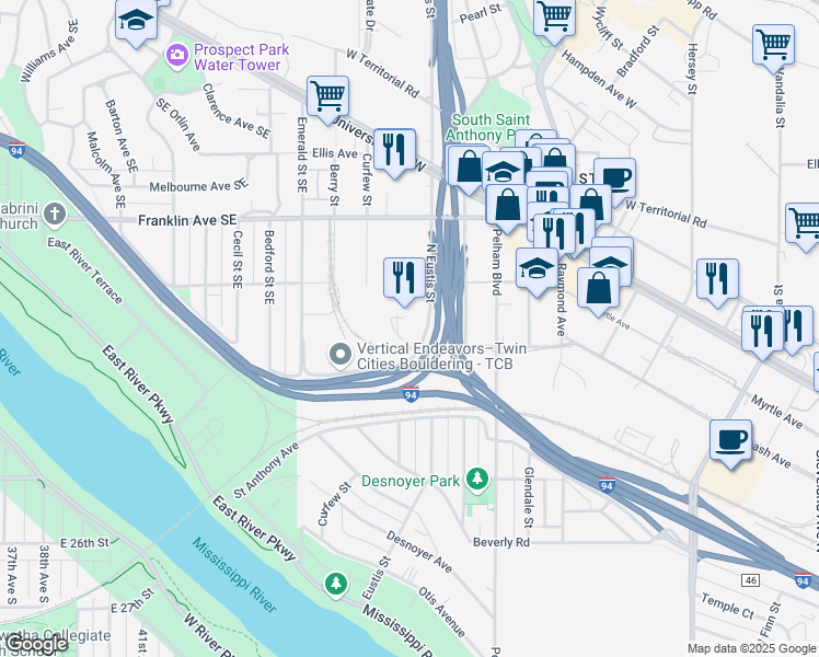 map of restaurants, bars, coffee shops, grocery stores, and more near 2515 Wabash Avenue in Saint Paul