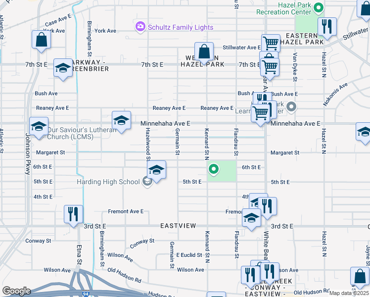 map of restaurants, bars, coffee shops, grocery stores, and more near 1596 Margaret Street in Saint Paul