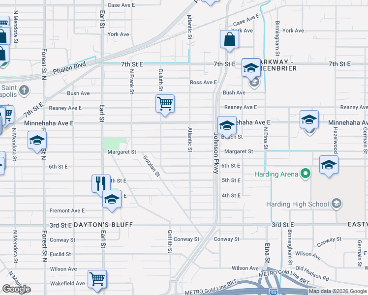 map of restaurants, bars, coffee shops, grocery stores, and more near 1240 Margaret Street in Saint Paul