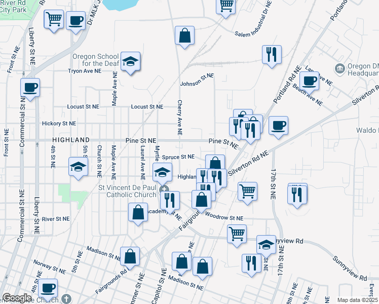 map of restaurants, bars, coffee shops, grocery stores, and more near 1180 Spruce Street Northeast in Salem